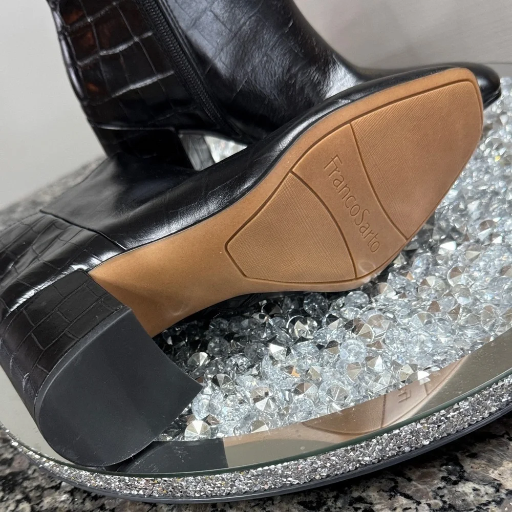 Franco Sarto Black Croc-Textured Leather Block Heel Ankle Boots NEW 8